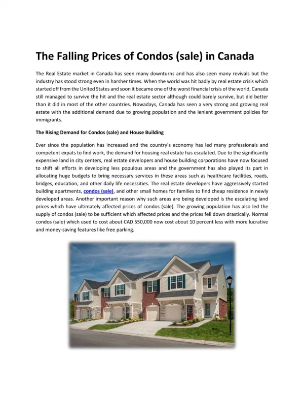 The Falling Prices of Condos (sale) in Canada