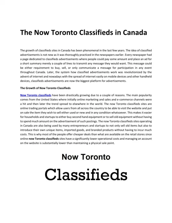 The Now Toronto Classifieds in Canada