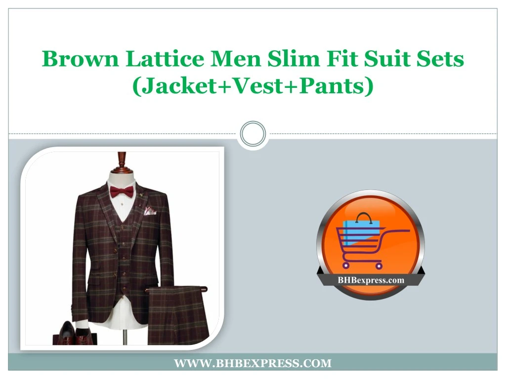 brown lattice men slim fit suit sets jacket vest