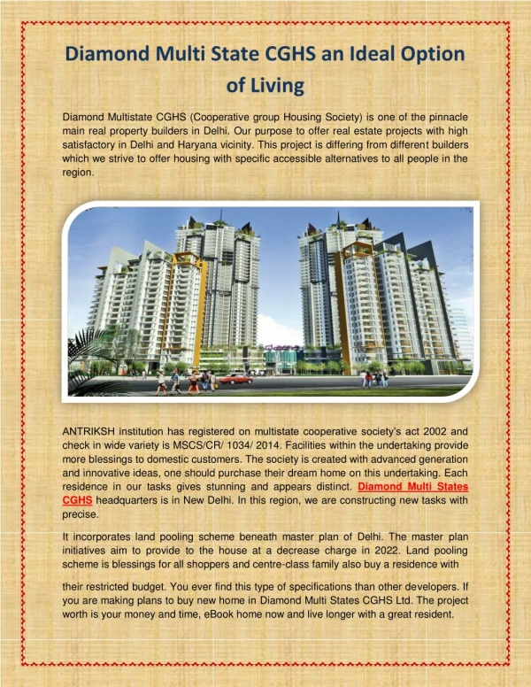 Diamond Multi State CGHS an Ideal Option of Living