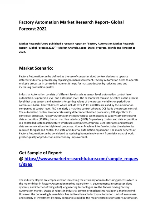 Factory Automation Market Opportunities, Business Strategy and Growth Factors till 2022