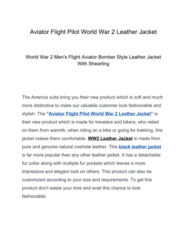 Avitor Flight Pilot World War 2 Leather Jacket