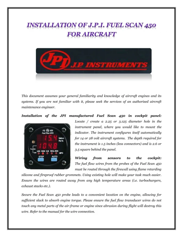 INSTALLATION OF J.P.I. FUEL SCAN 450 FOR AIRCRAFT