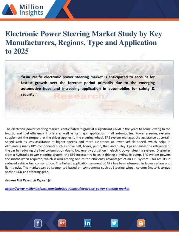 Electronic Power Steering Market Study by Key Manufacturers, Regions, Type and Application to 2025