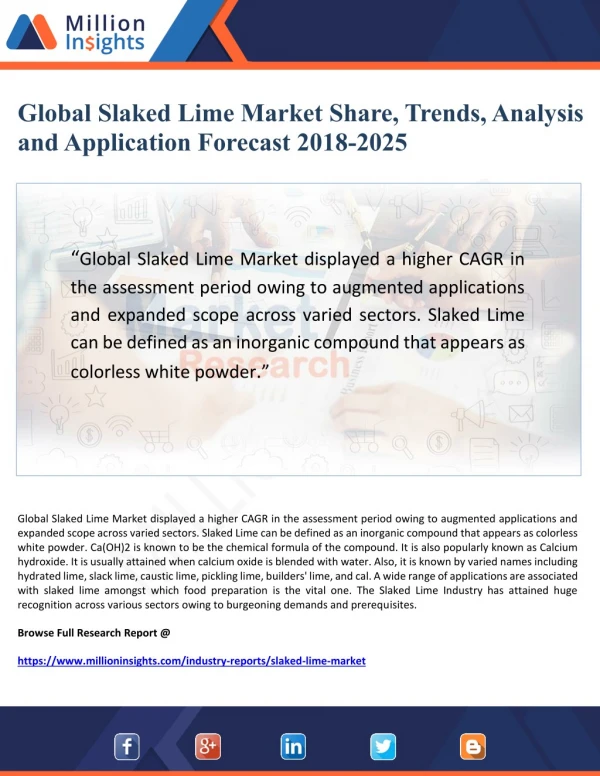 Global Slaked Lime Market Share, Trends, Analysis and Application Forecast 2018-2025