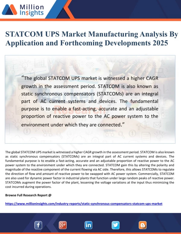 STATCOM UPS Market Manufacturing Analysis By Application and Forthcoming Developments 2025