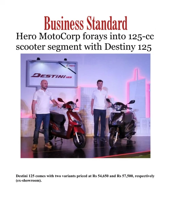 Hero MotoCorp forays into 125-cc scooter segment with Destiny 125