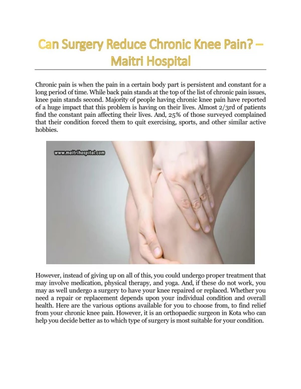 Can Surgery Reduce Chronic Knee Pain? - Maitri Hospital Kota