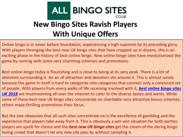 New Bingo Sites Ravish Players With Unique Offers