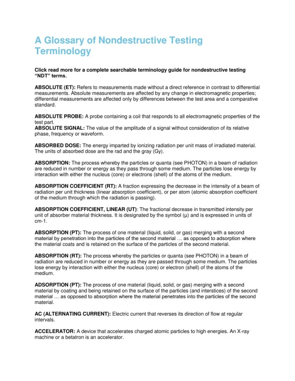 A Glossary of Nondestructive Testing Terminology