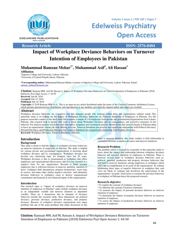 Impact of Workplace Deviance Behaviors on Turnover Intention of Employees in Pakistan