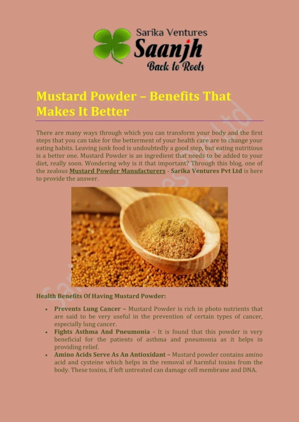 Mustard Powder- Benefits that makes it better