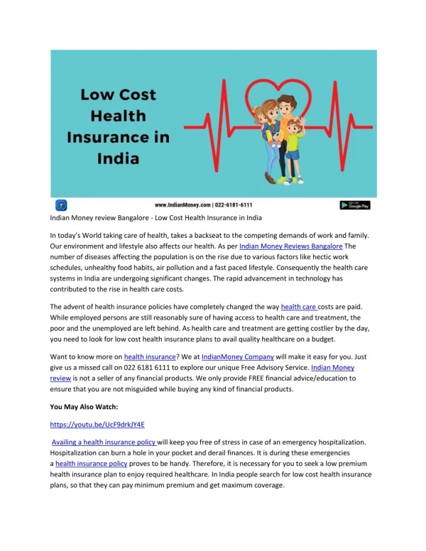 Indian Money review Bangalore - Low Cost Health Insurance in India