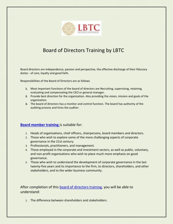 Board of Directors Training by LBTC