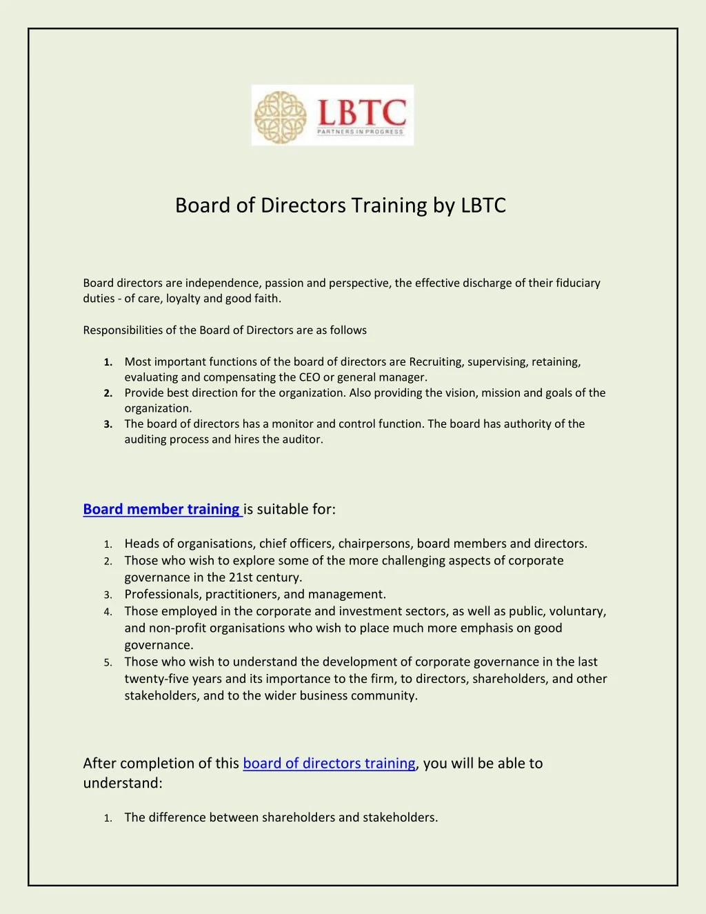 board of directors training by lbtc