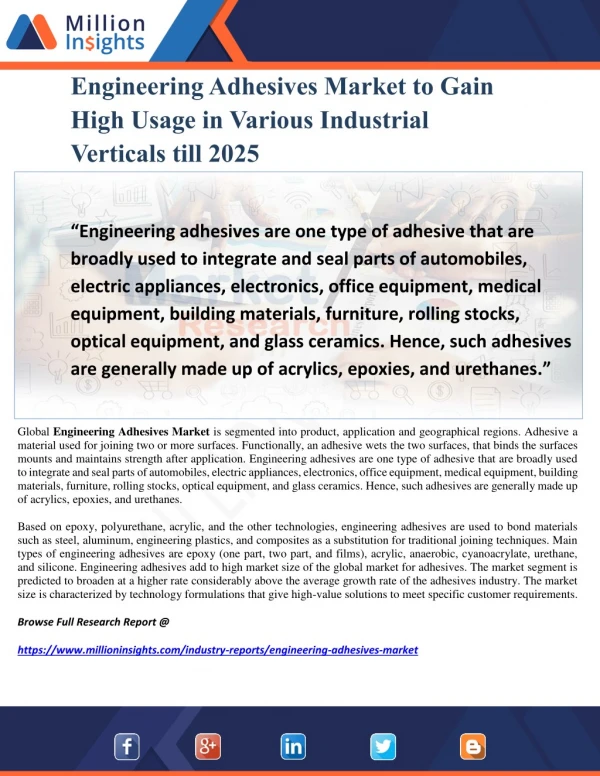 Engineering Adhesives Market to Gain High Usage in Various Industrial Verticals till 2025