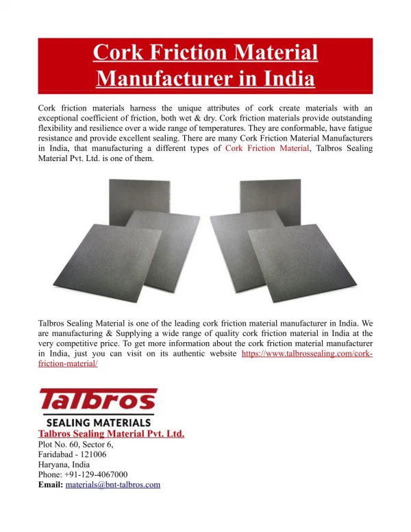 Cork Friction Material Manufacturer in India