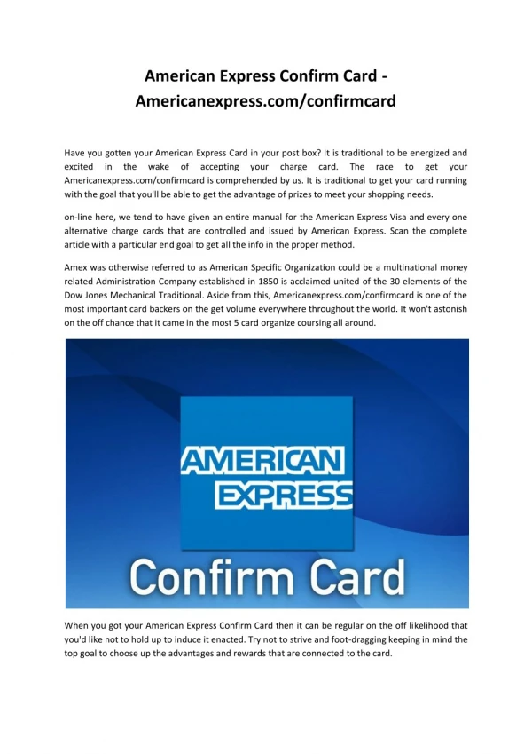 American Express Confirm Card - Americanexpress.com/confirmcard