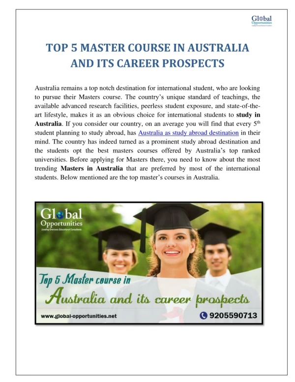 TOP 5 MASTER COURSE IN AUSTRALIA AND ITS CAREER PROSPECTS