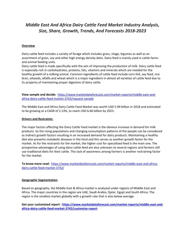 Middle East And Africa Dairy Cattle Feed Market Industry Analysis, Size, Share, Growth, Trends, And Forecasts 2023