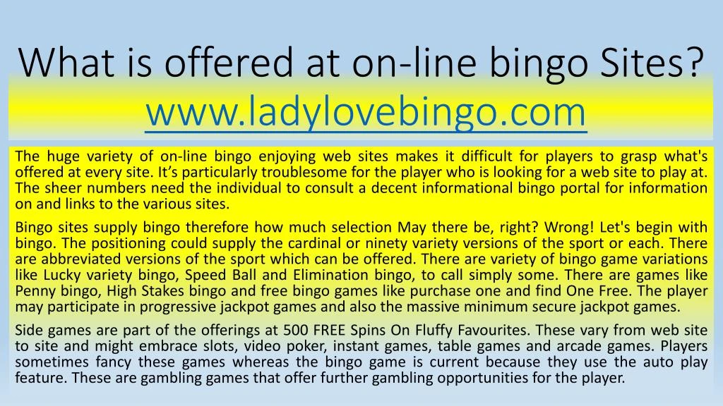 what is offered at on line bingo sites www ladylovebingo com