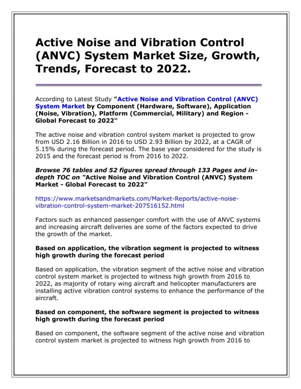 Active Noise and Vibration Control (ANVC) System Market Size, Growth, Trends, Forecast to 2022.