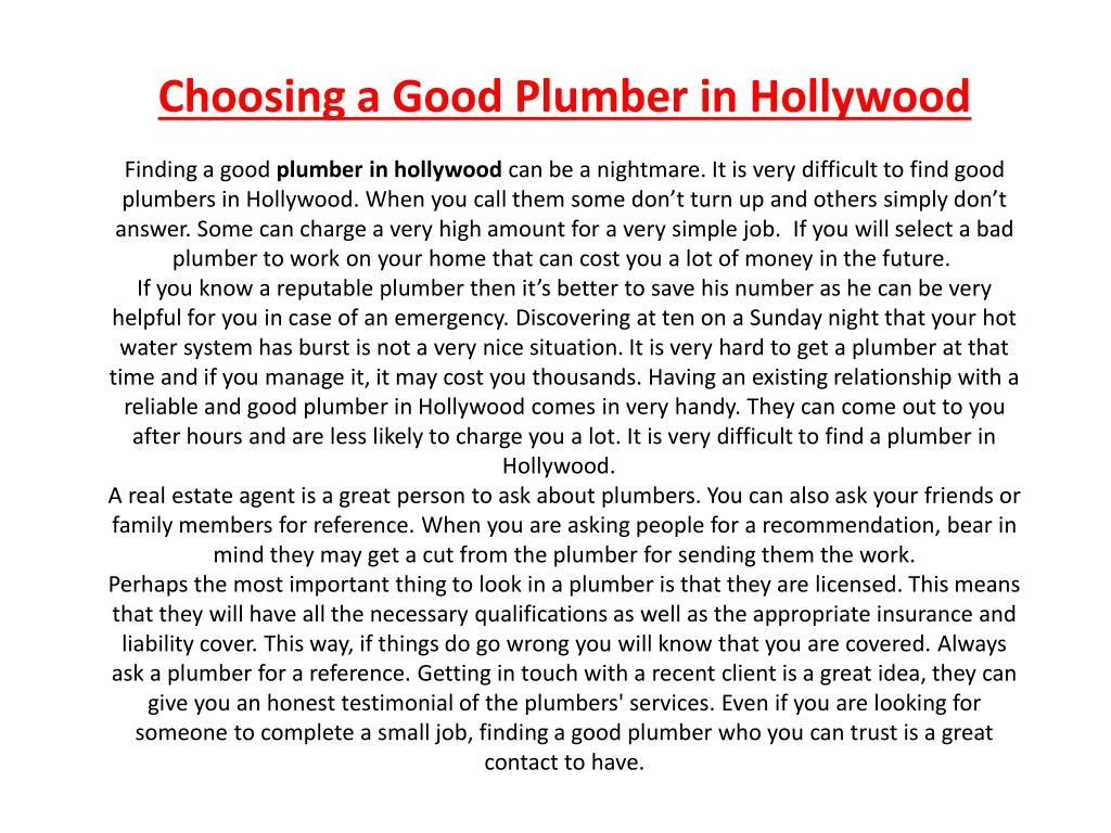 choosing a good plumber in hollywood finding