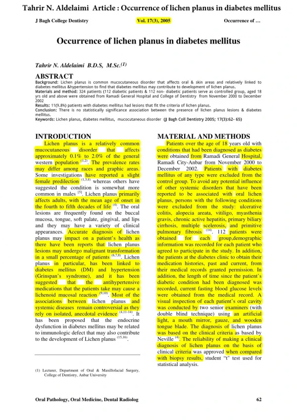 3.Tahrir N. Aldelaimi Article Occurrence of lichen planus in diabetes mellitus