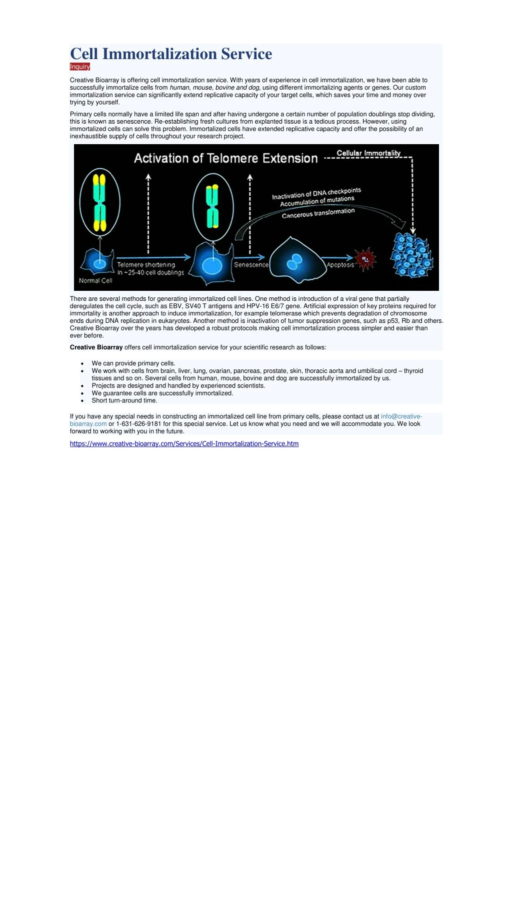 cell immortalization service inquiry