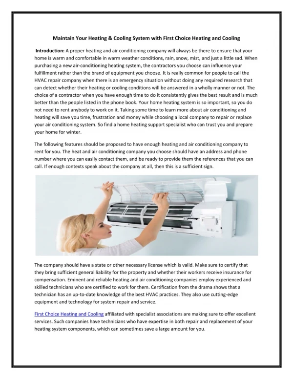 Maintain Yo Heating & Cooling System with First Choice Heating and Cooling