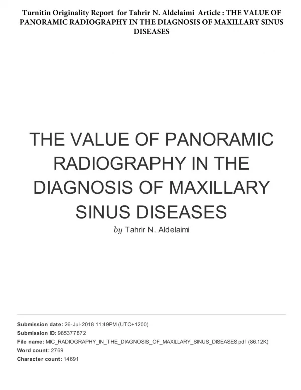3.Turnitin Originality Report for Tahrir N. Aldelaimi Article THE VALUE OF PANORAMIC RADIOGRAPHY IN THE DIAGNOSIS OF