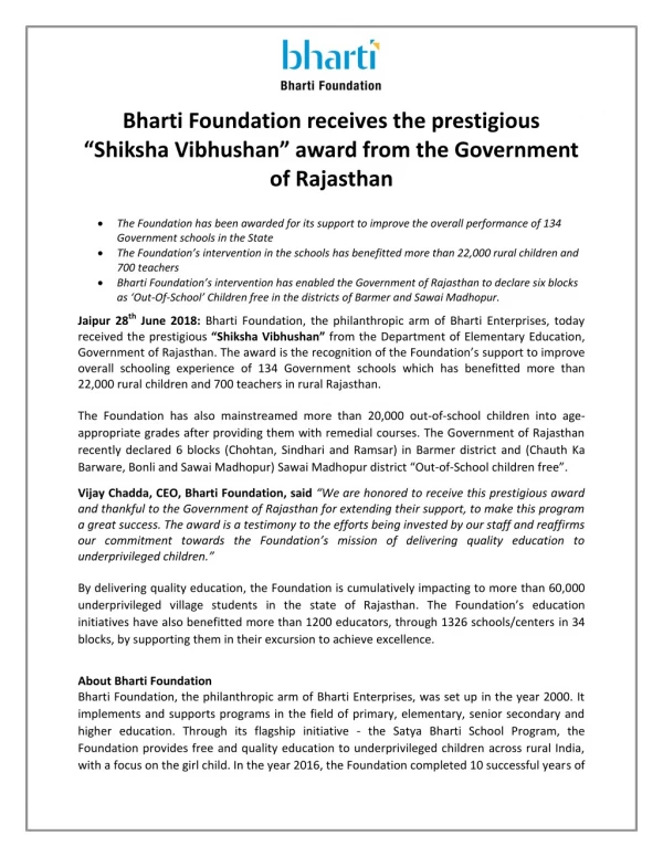 Bharti Foundation receives the prestigious “Shiksha Vibhushan” award from the Government of Rajasthan