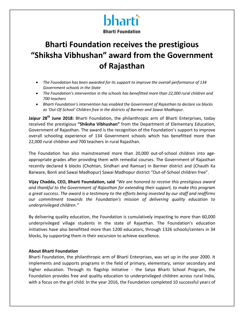 bharti foundation receives the prestigious