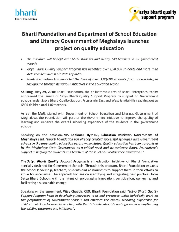 Bharti Foundation and Department of School Education and Literacy Government of Meghalaya launches project on quality ed