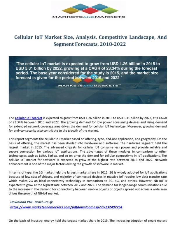 Cellular IoT Market Size, Analysis, Competitive Landscape, And Segment Forecasts, 2018-2022