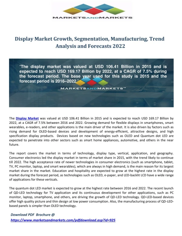 Display Market Growth, Segmentation, Manufacturing, Trend Analysis and Forecasts 2022