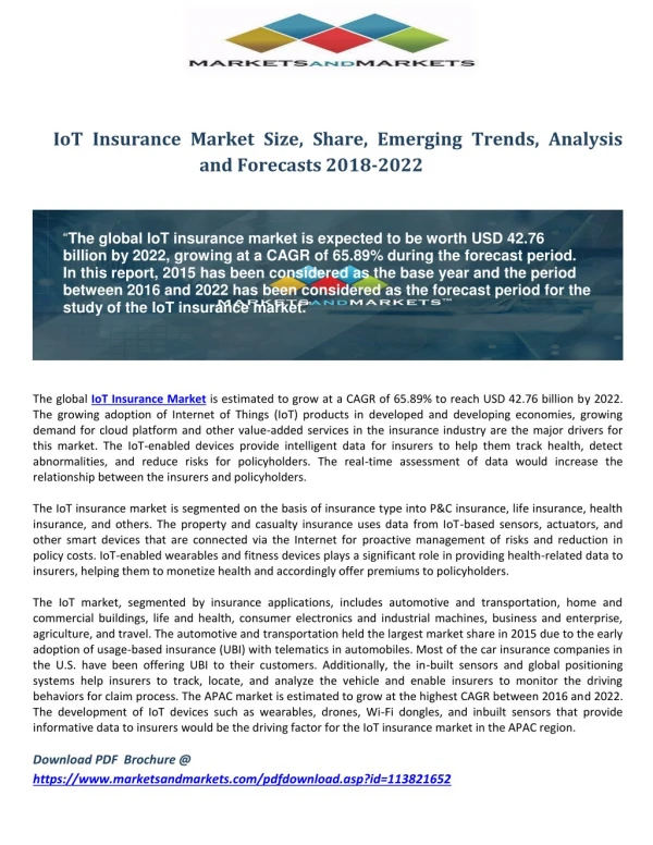 IoT Insurance Market Size, Share, Emerging Trends, Analysis and Forecasts 2018-2022