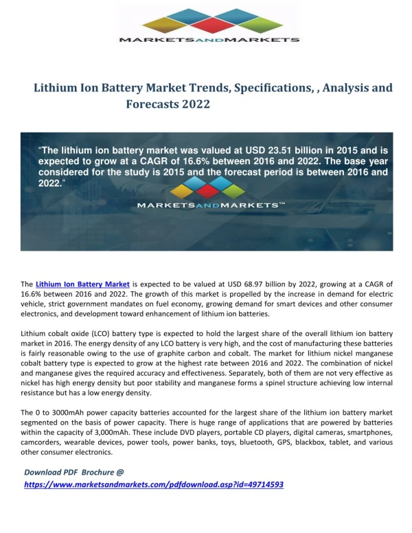 Lithium Ion Battery Market Trends, Specifications, Manufacturing, Analysis and Forecasts 2022