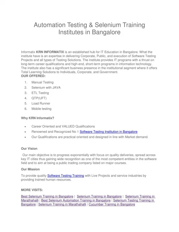 Automation Testing & Selenium Training Institutes in Bangalore