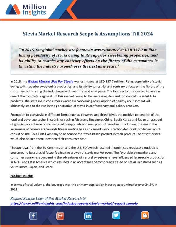 Stevia Market Research Scope & Assumptions Till 2024