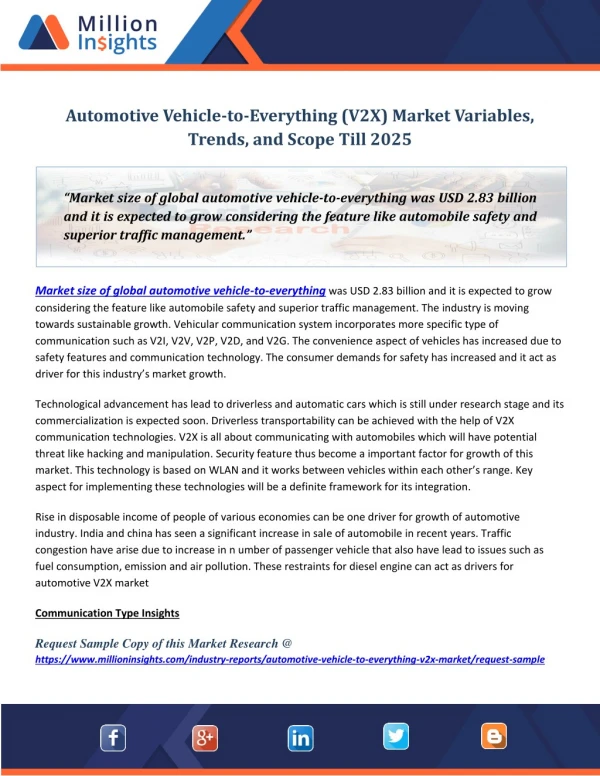 Automotive Vehicle-to-Everything (V2X) Market Variables, Trends, and Scope Till 2025