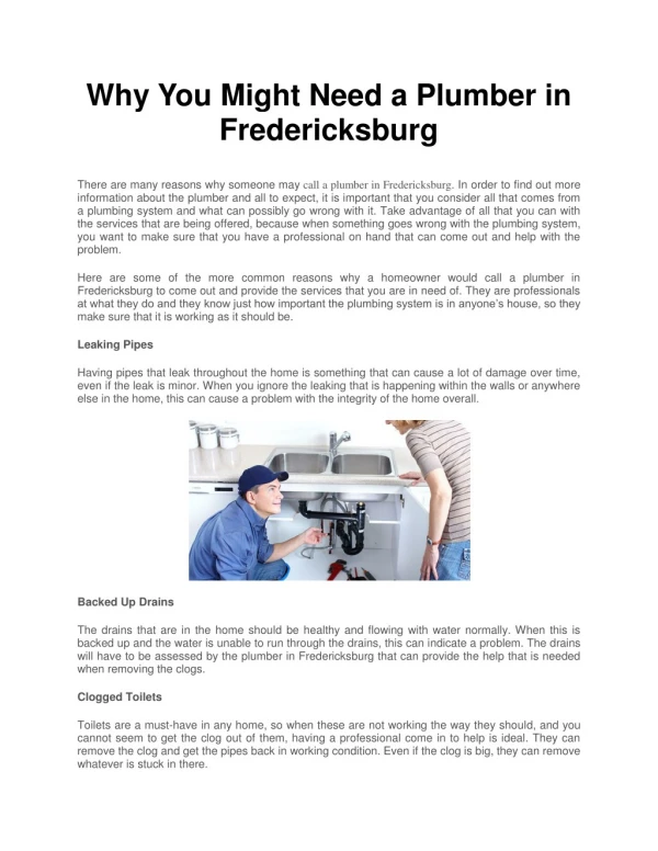 Why You Might Need a Plumber in Fredericksburg