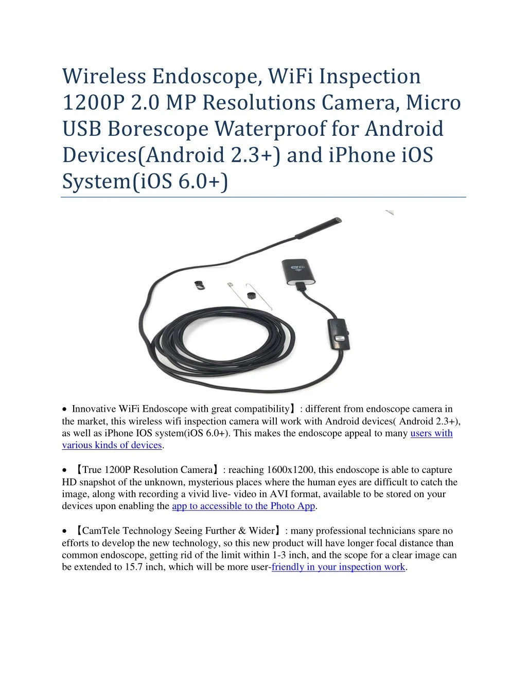 wireless endoscope wifi inspection 1200p