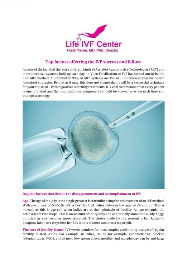 Top factors affecting the IVF success and failure