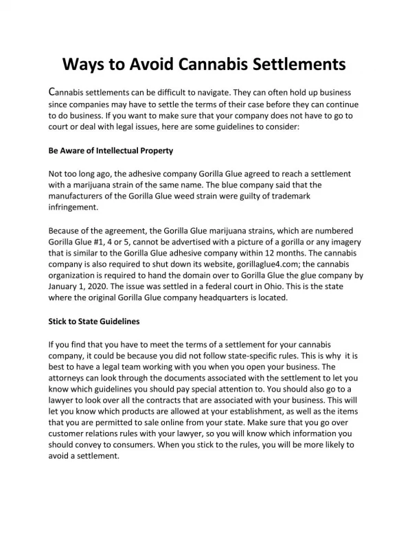 Ways to Avoid Cannabis Settlements