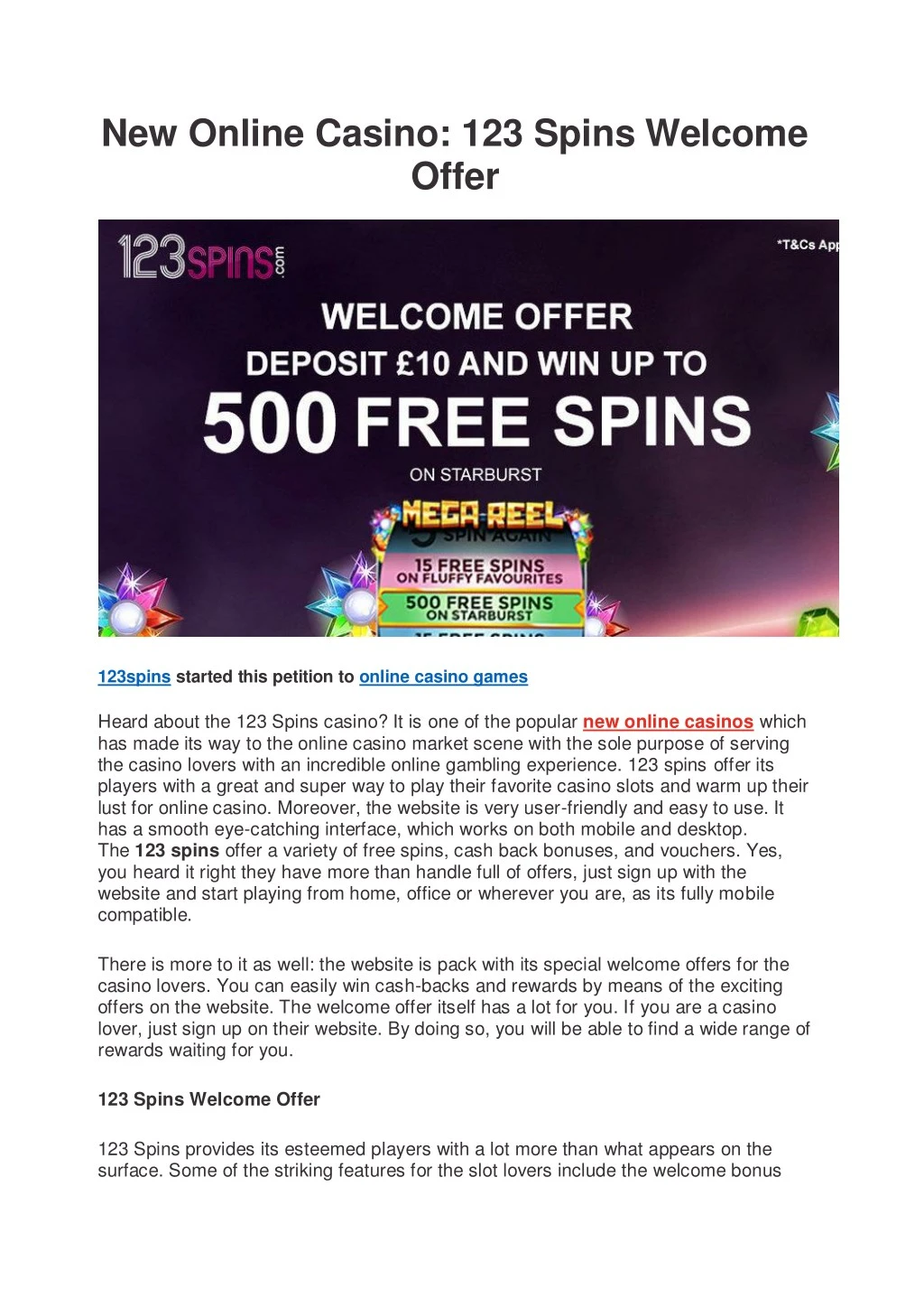 new online casino 123 spins welcome offer