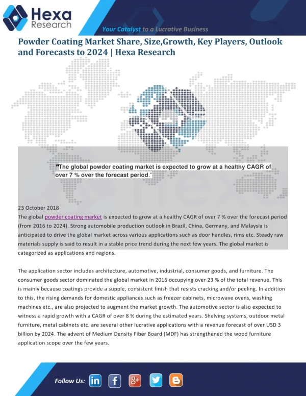 Powder Coating Market Trends, Statistics, Segments, Graphs Growth Factors Forecast to 2024