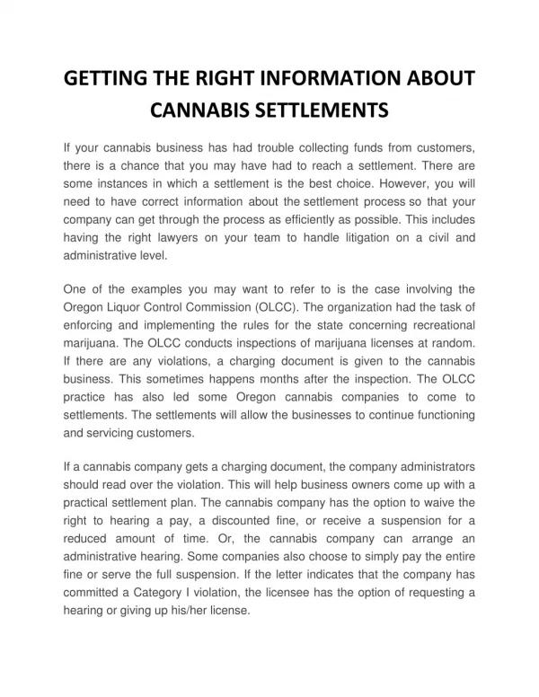 GETTING THE RIGHT INFORMATION ABOUT CANNABIS SETTLEMENTS