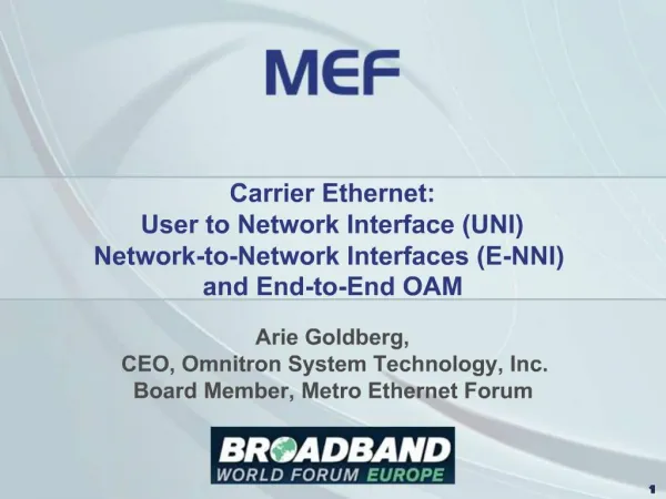 Carrier Ethernet: User to Network Interface UNI Network-to-Network Interfaces E-NNI and End-to-End OAM