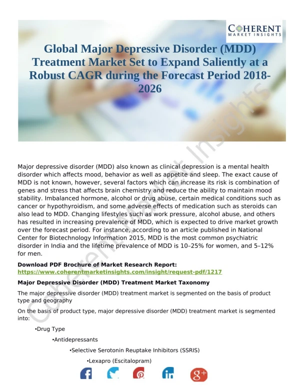 Global Major Depressive Disorder (MDD) Treatment Market Set to Expand Saliently at a Robust CAGR during the Forecast Per